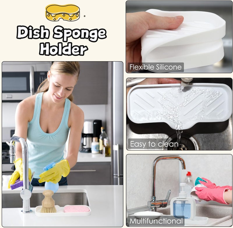 YASMEN Silicone Bathroom Soap Dishes, Sponge Holder for Kitchen Sink, Shower Soap Holder with Drain, Soap Dispenser Tray, Soap Dish for Bar Soap, Soap Bottle, Cup, Sink or Counter Organizer - White 9"" x 4"" - Image 3